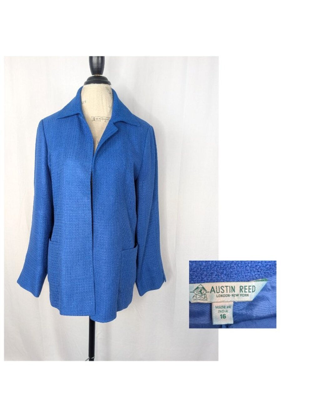 Vintage 90s Austin Reed Blue Blazer Large Silk Tweed